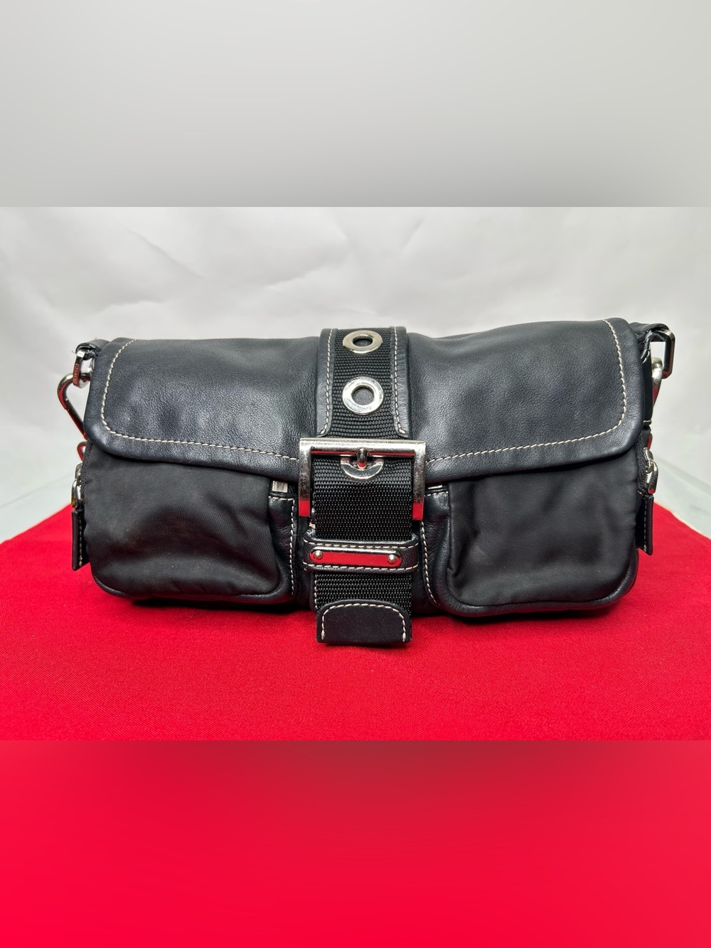 Prada Vintage Purse Nylon Leather Tessuto Silver Tone Hardware Accent - Picture 11 of 16